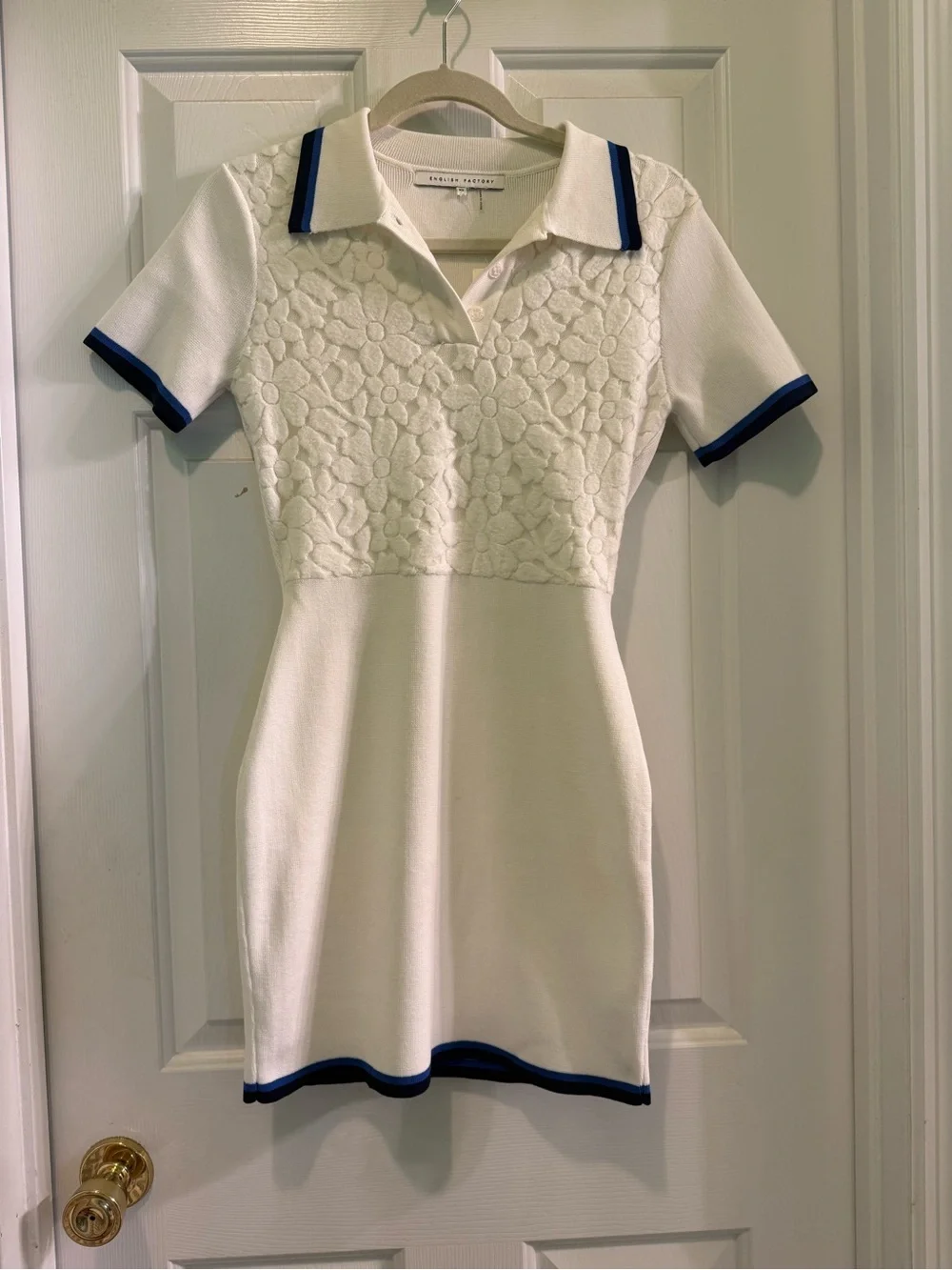 English Factory White Mini Polo Dress with Navy Trim - Picture 1 of 5